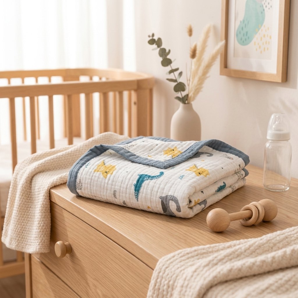 Lange gaze de coton plié sur une commode de chambre de bébé