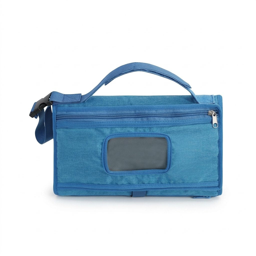 Tapis à langer nomade plié en pochette, bleu chiné