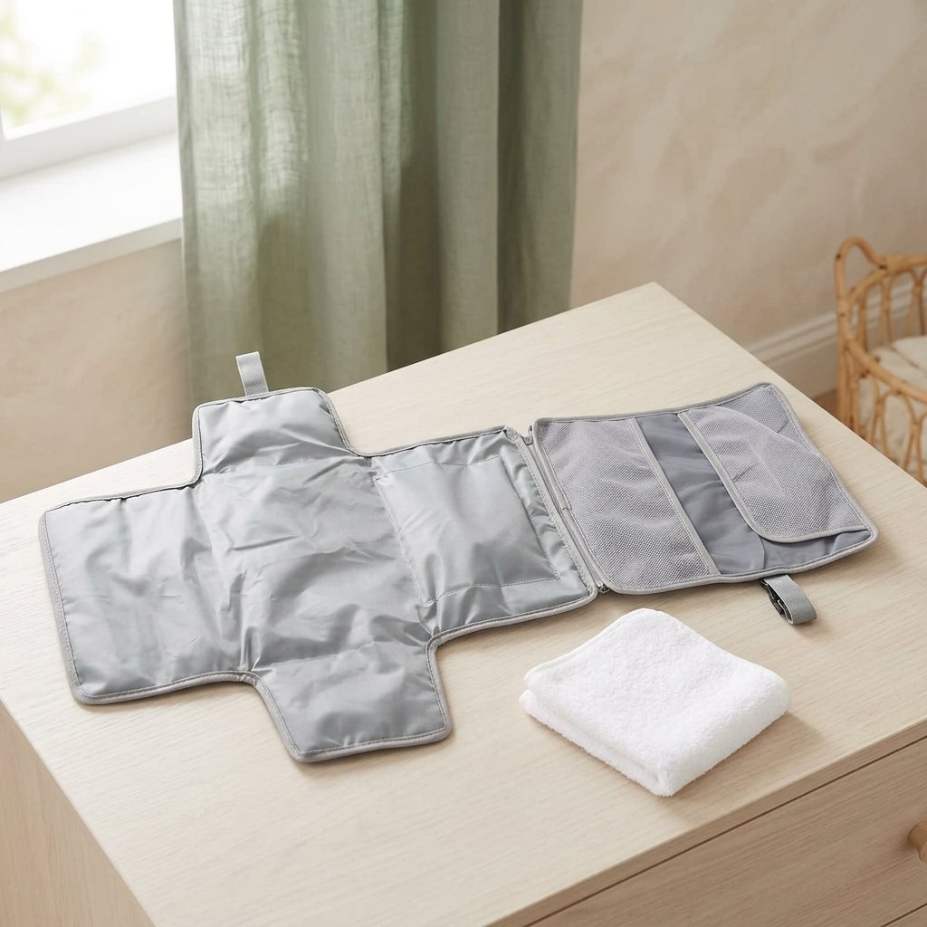 Tapis à langer nomade déplié sur une commode