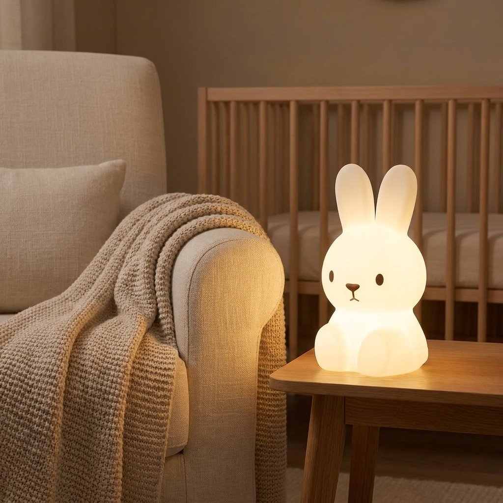 Veilleuse lapin près d'un fauteuil d'allaitement la nuit