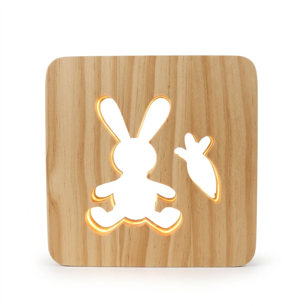 Lampe veilleuse en bois découpé d'un lapin et sa carotte, allumée