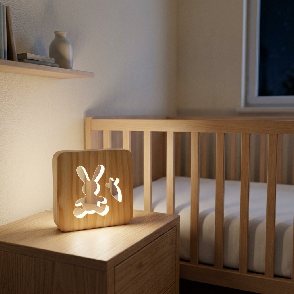 Lampe lapin allumée sur une table de chevet