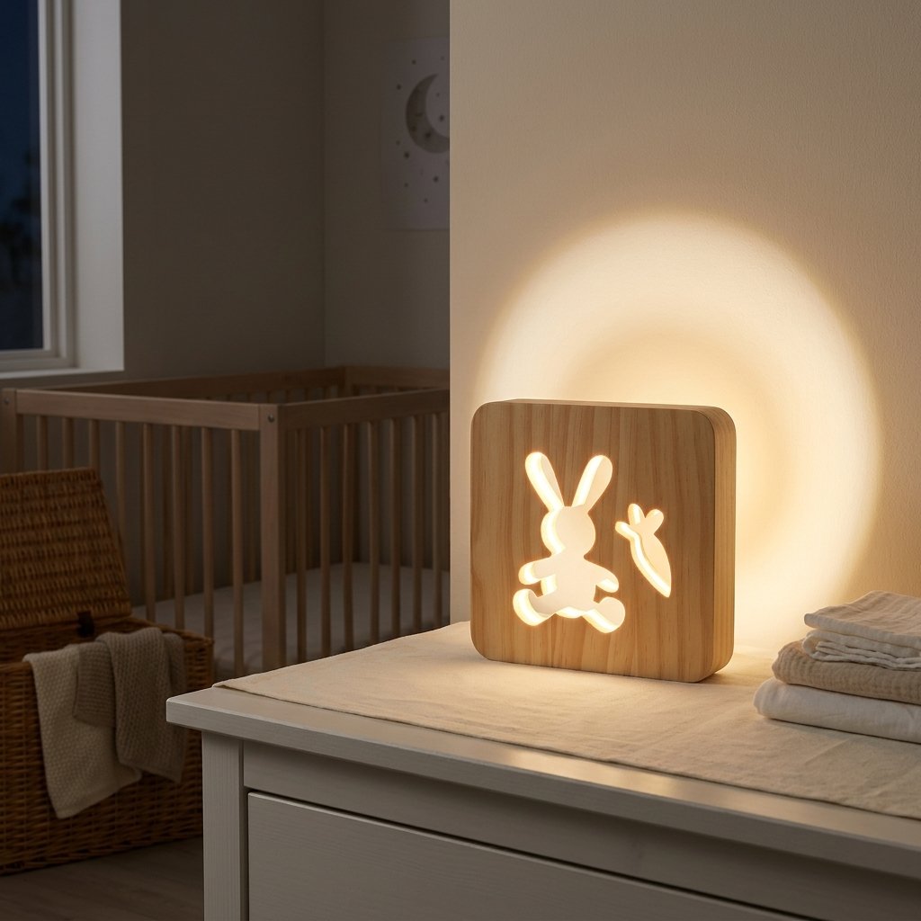 Lampe lapin allumée sur une commode blanche Image
