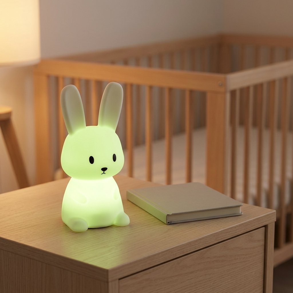 Veilleuse lapin allumée en vert sur une commode
