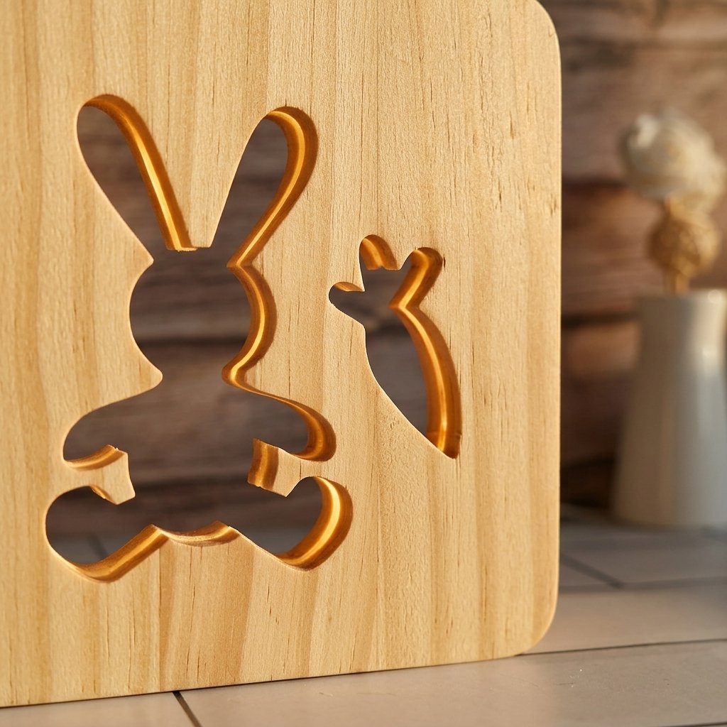 Motif lapin découpé dans le bois, éclairé