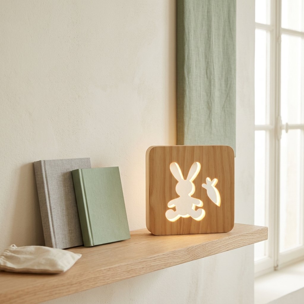 Lampe lapin sur une étagère murale en bois