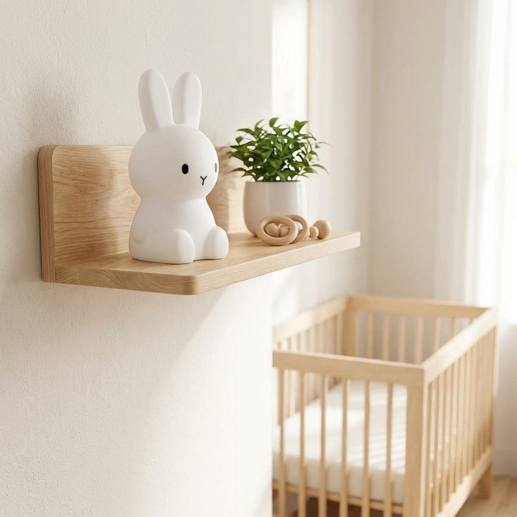 Veilleuse lapin éteinte sur une étagère de chambre d'enfant