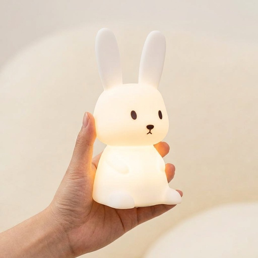 Veilleuse lapin tenue dans la main pour montrer sa taille
