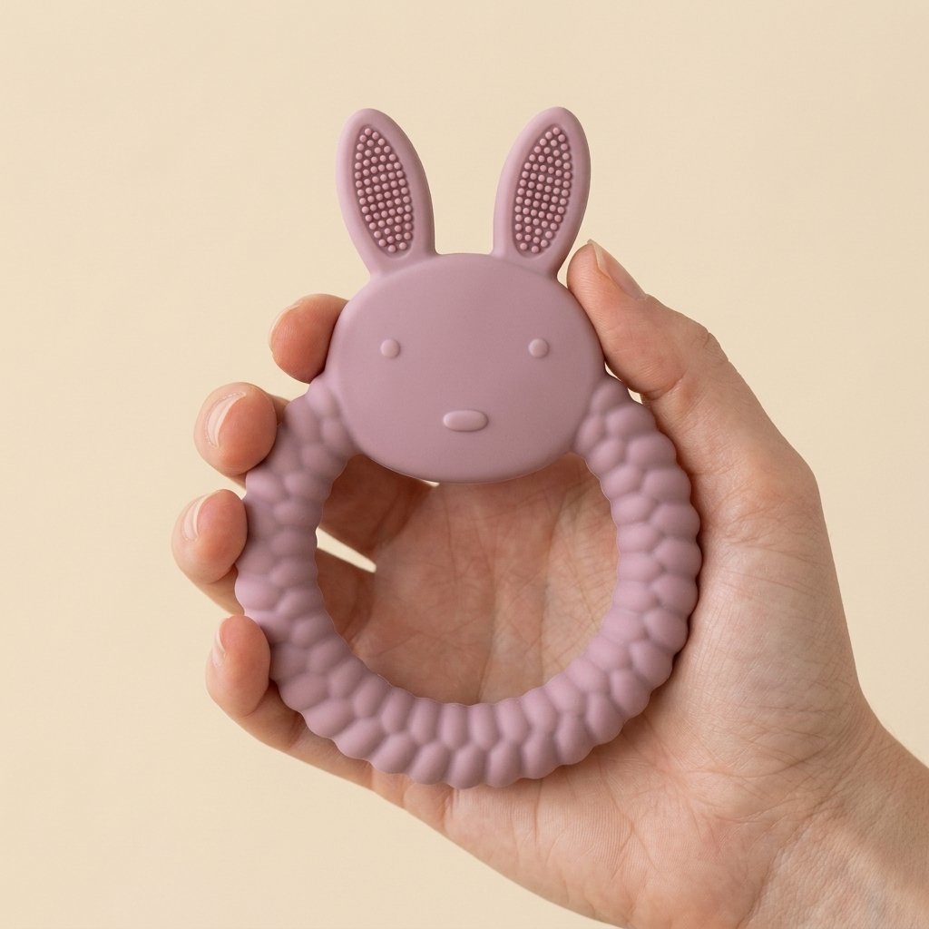 Anneau de dentition lapin tenu dans la main pour montrer sa taille
