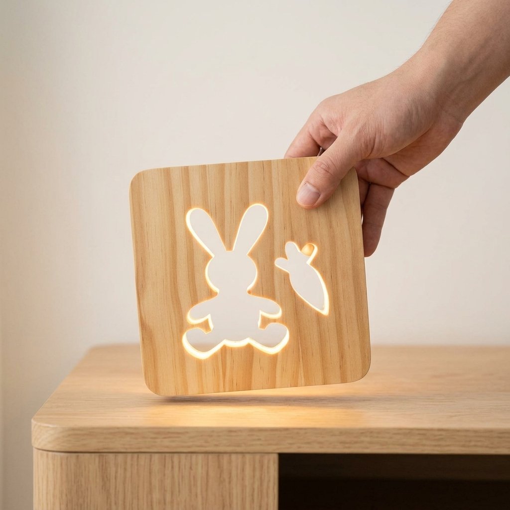 Main posant la lampe lapin sur un meuble