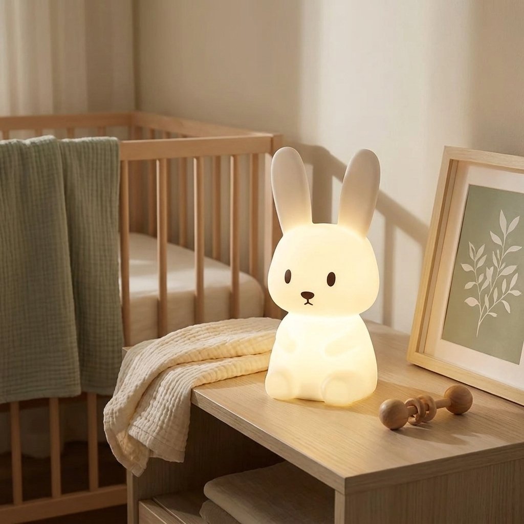 Veilleuse lapin allumée en blanc chaud sur une table de nuit