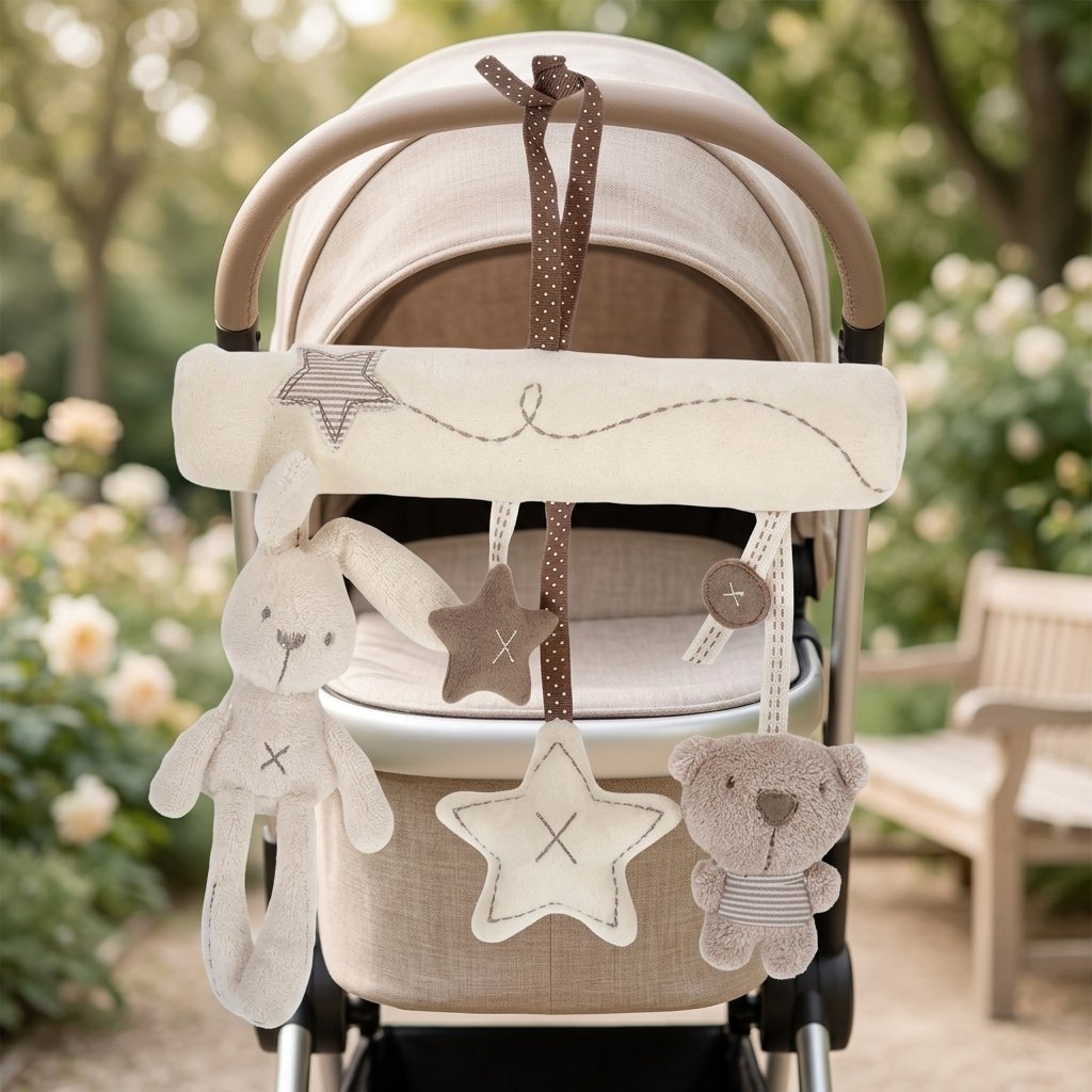 Jouet en peluche lapin accroché à une poussette