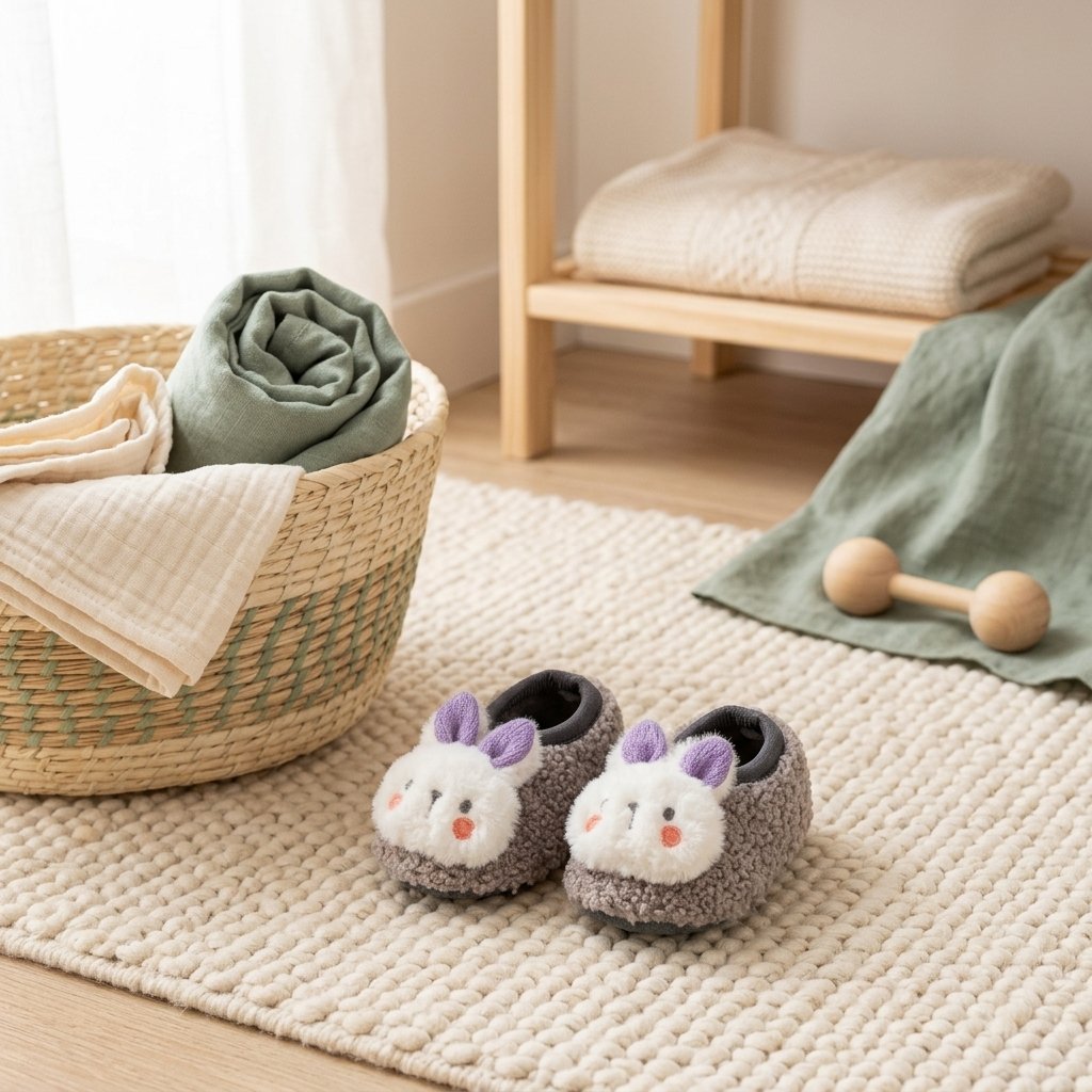 Chaussons lapin gris posés sur un tapis