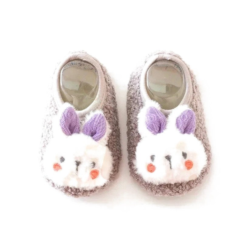 Chaussons bébé peluche gris tête de lapin