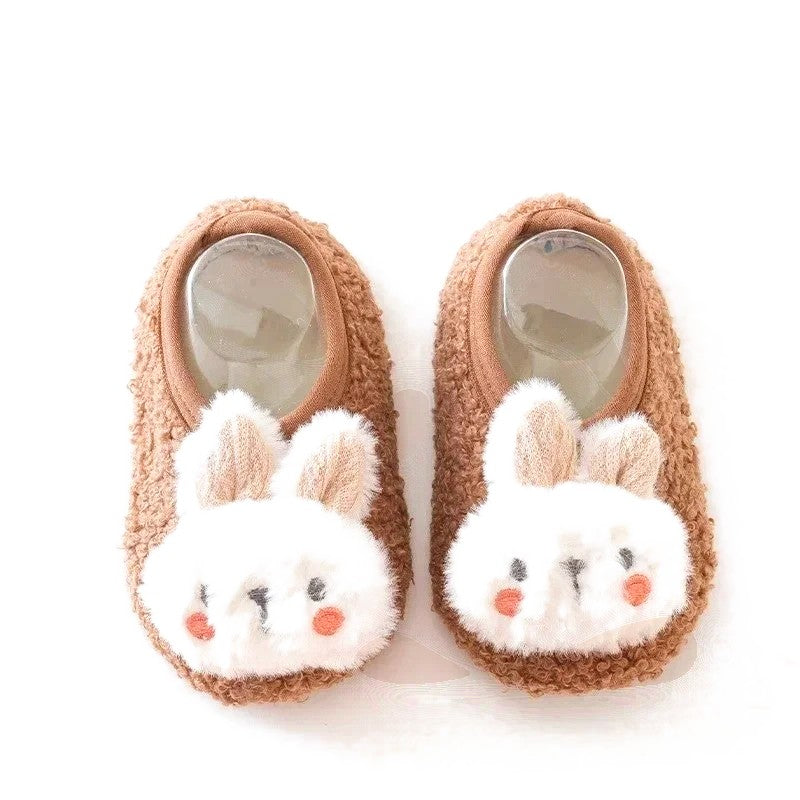 Chaussons bébé peluche marron tête de lapin