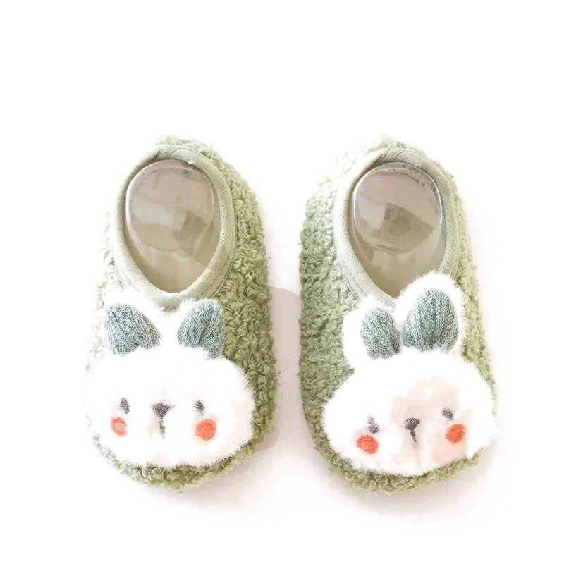 Chaussons bébé peluche vert tête de lapin