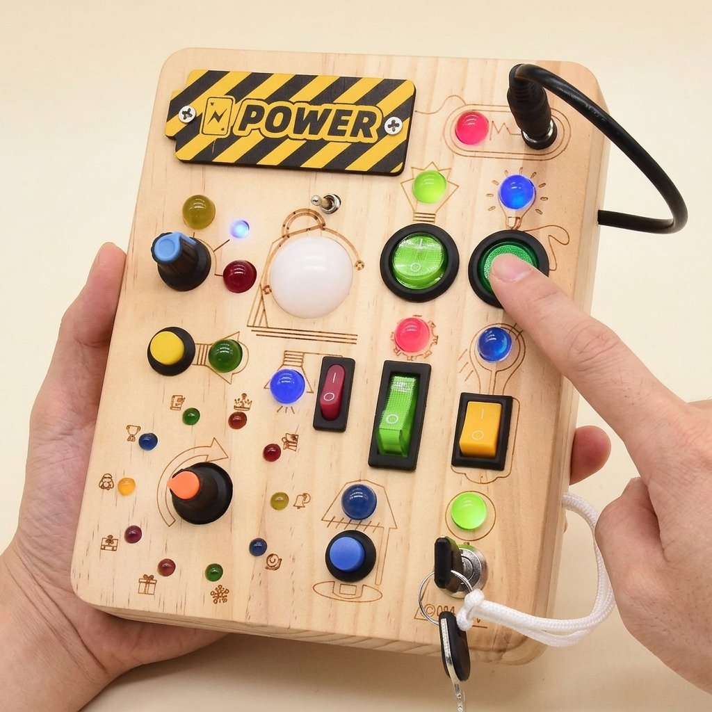 Doigt appuyant sur un bouton du busy board