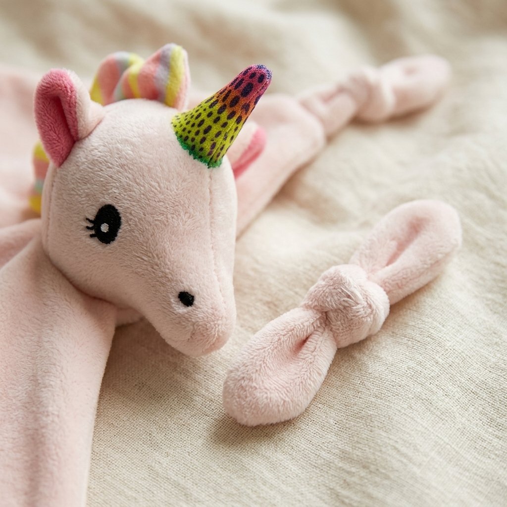 Détail de la tête brodée et de la crinière du doudou licorne