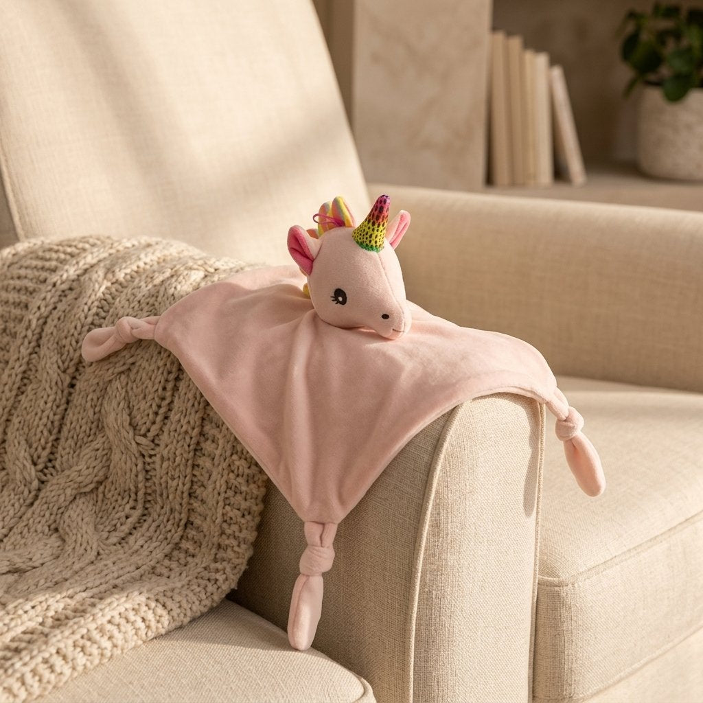 Doudou licorne rose sur un fauteuil