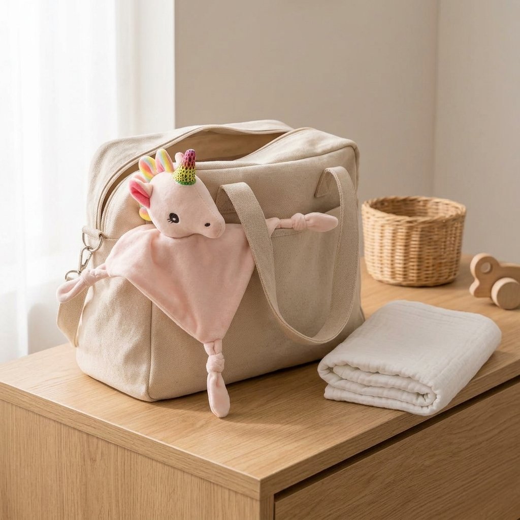 Doudou licorne dans un sac à langer