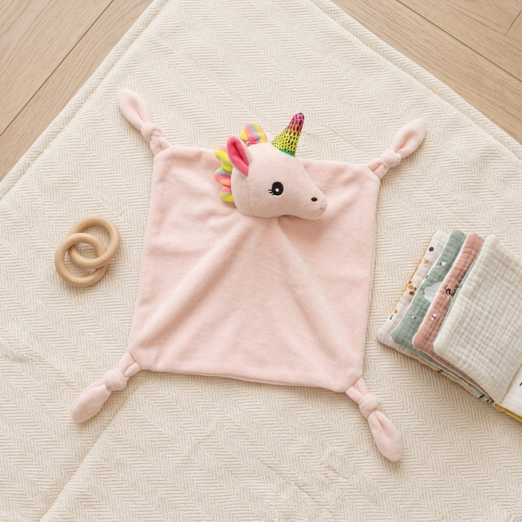 Doudou licorne sur un tapis de jeu