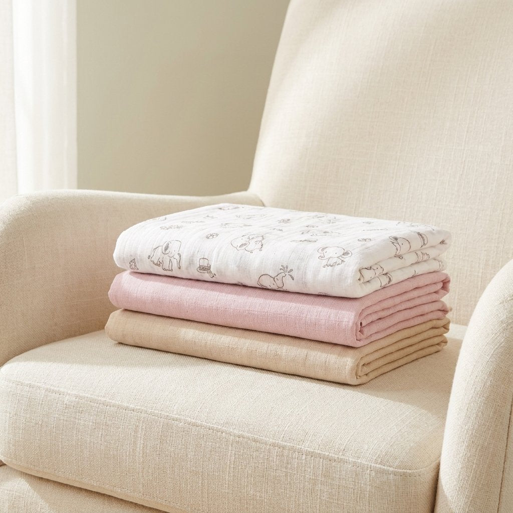 Trois langes tons rosés empilés sur un fauteuil d'allaitement Image