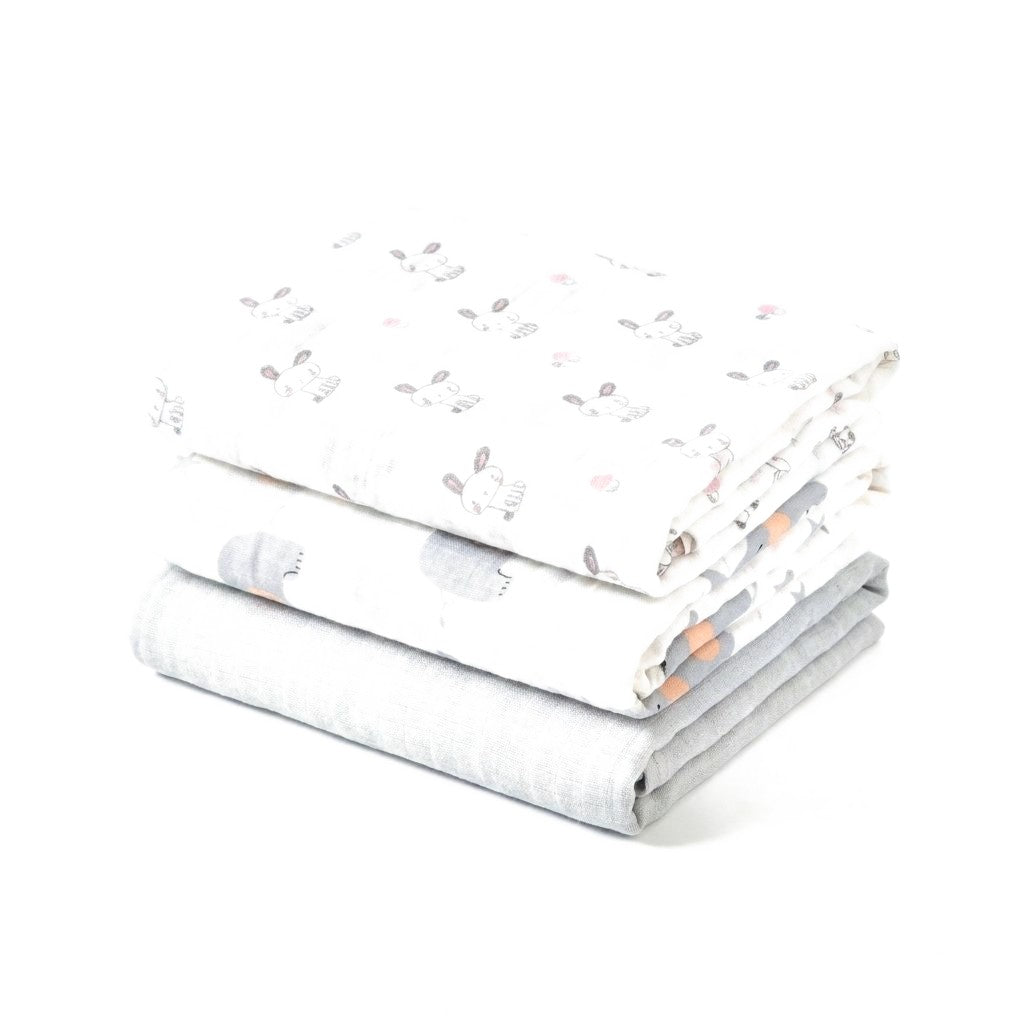 Lot de 3 langes : petits lapins, éléphants et uni gris perle