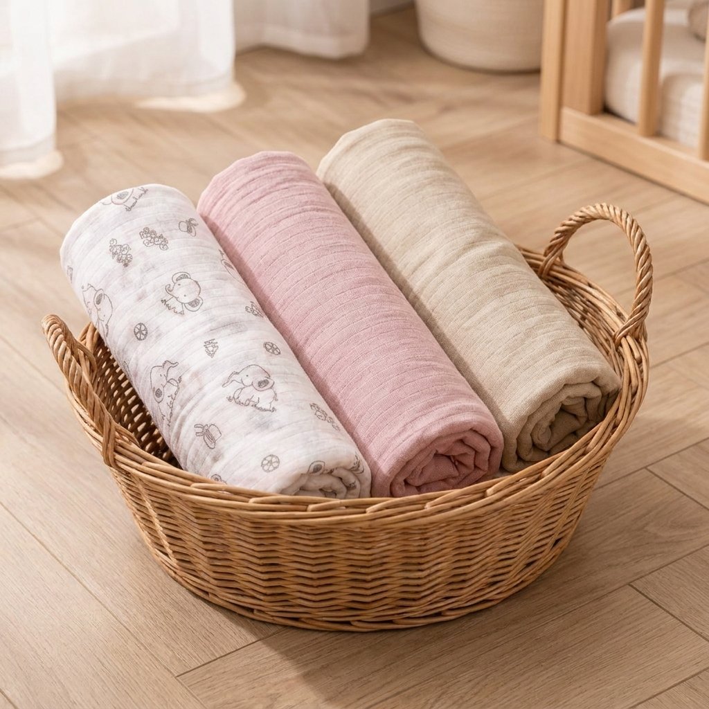 Trois langes roulés dans un panier en osier Image