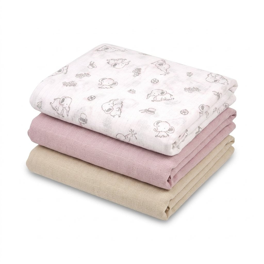 Lot de 3 langes : éléphants au trait, uni rose poudré et uni beige