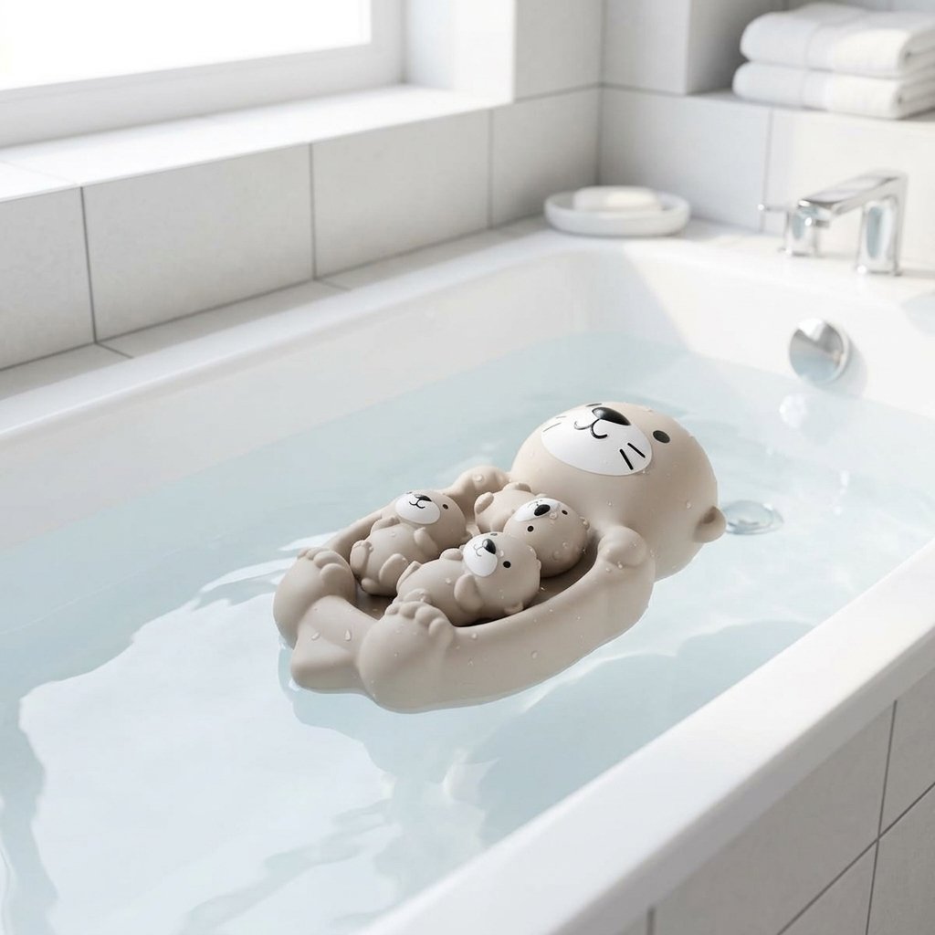 Maman loutre flottant dans une baignoire avec ses bébés