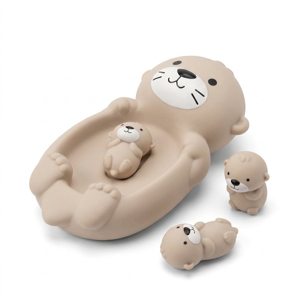 Jouet de bain bébé maman loutre et ses trois bébés