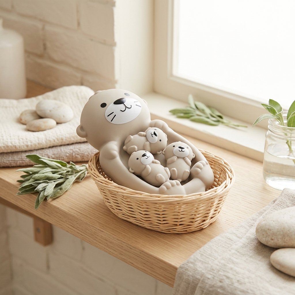 Jouets loutres dans un panier de salle de bain