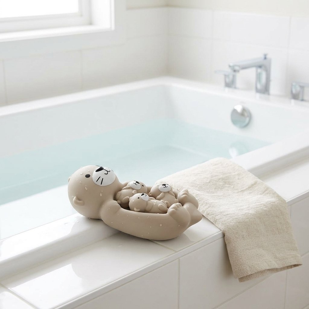 Jouet loutre posé au bord de la baignoire