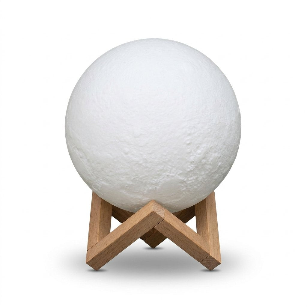 Lampe lune blanche en relief sur support en bois