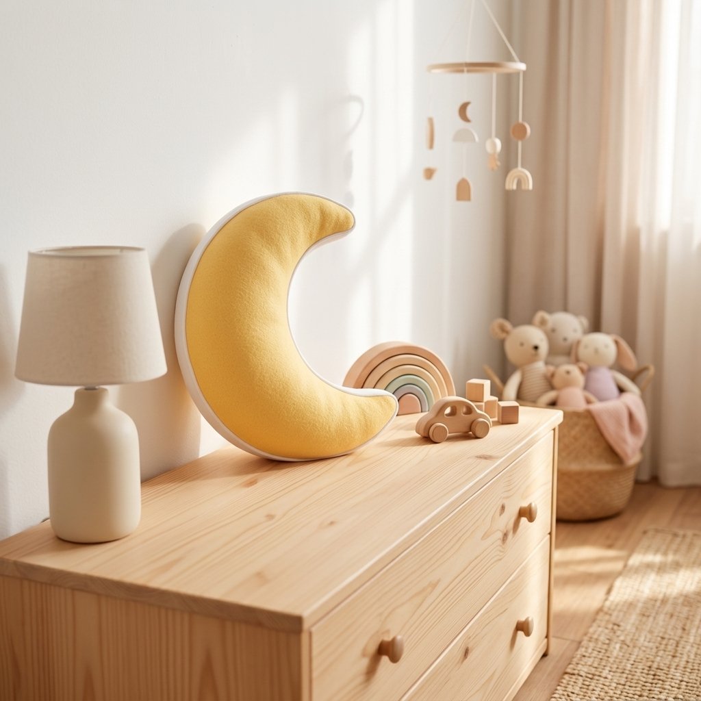 Coussin lune jaune posé sur une commode en bois Image