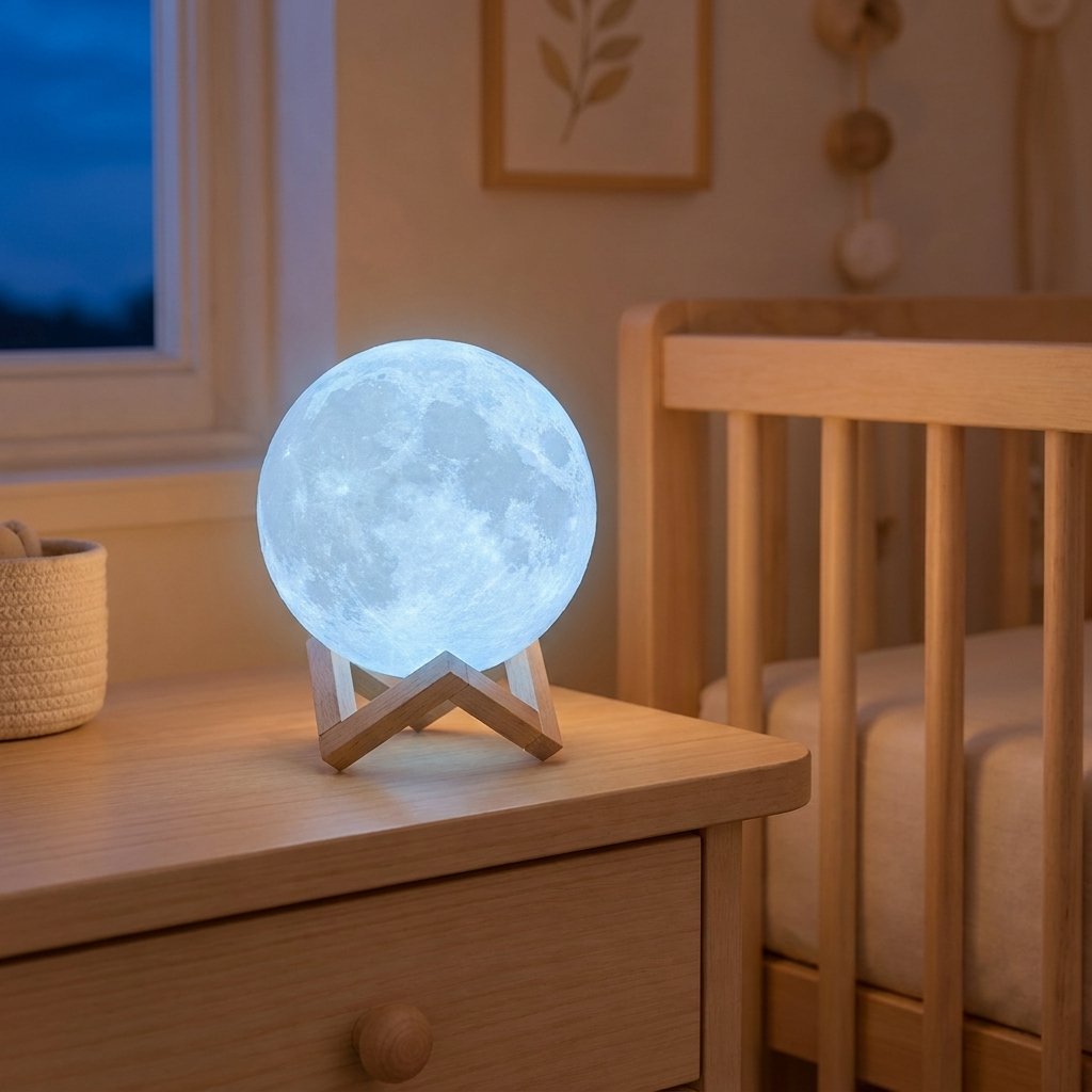 Lampe lune allumée en bleu sur une commode