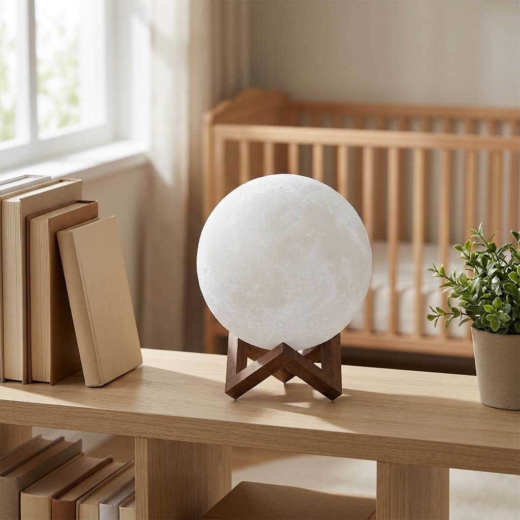 Lampe lune éteinte sur une étagère avec des livres