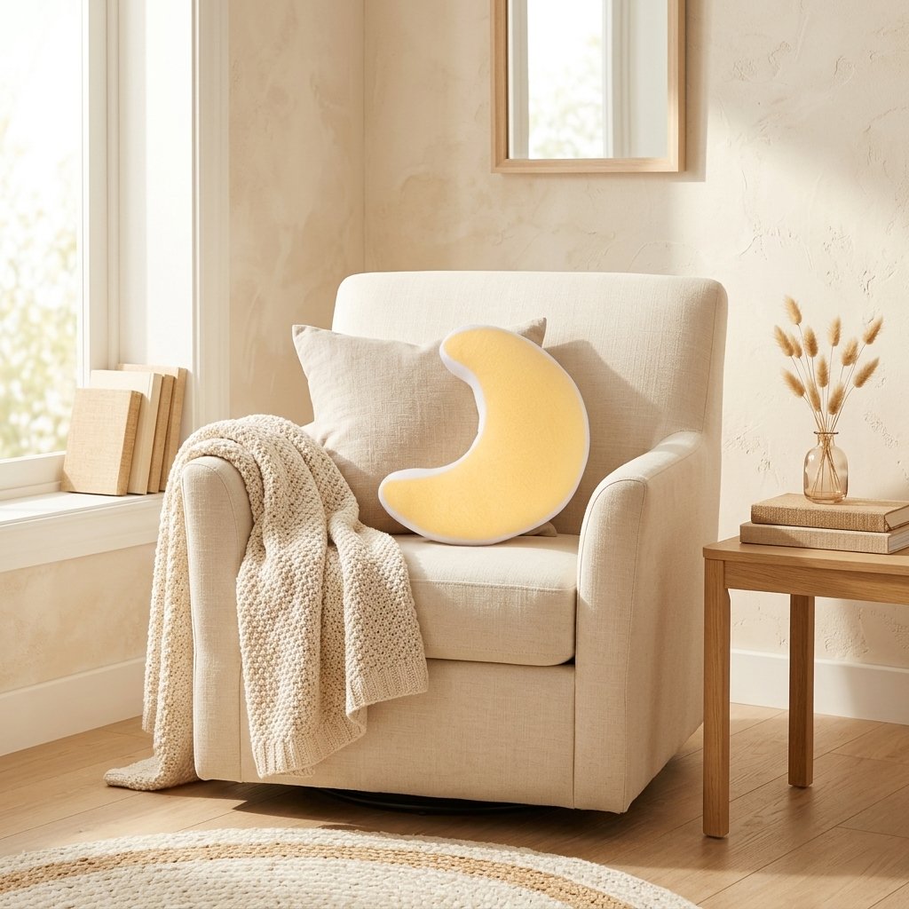 Coussin lune jaune sur un fauteuil d'allaitement