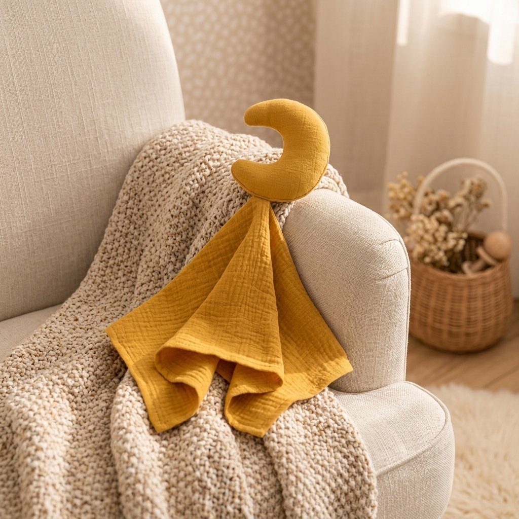 Doudou lune moutarde sur un fauteuil avec un plaid