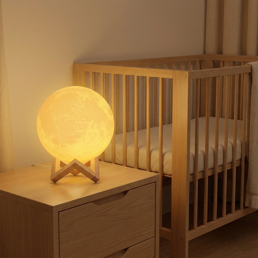 Lampe lune allumée en jaune sur une table de nuit
