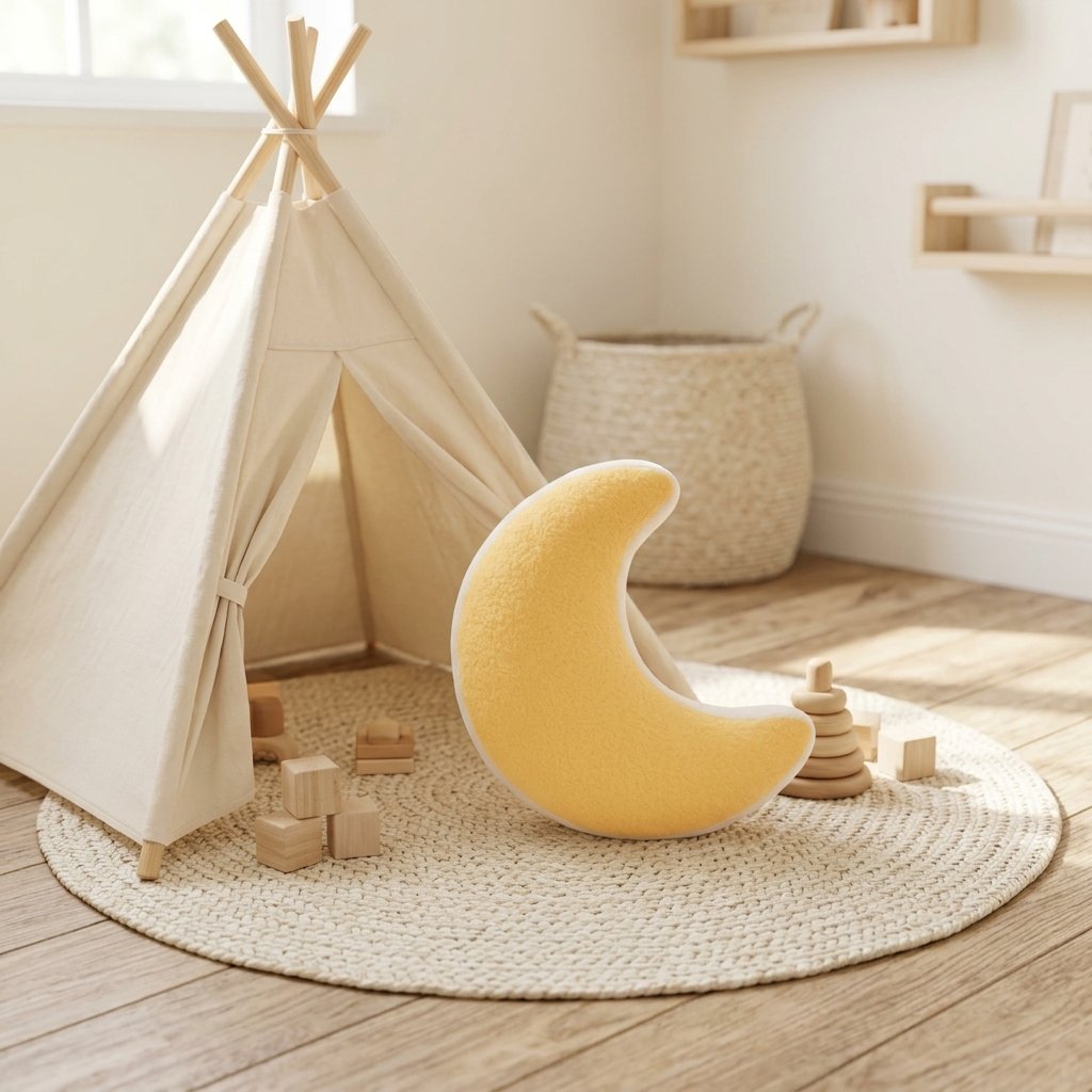 Coussin lune jaune sur un tapis près d'un tipi