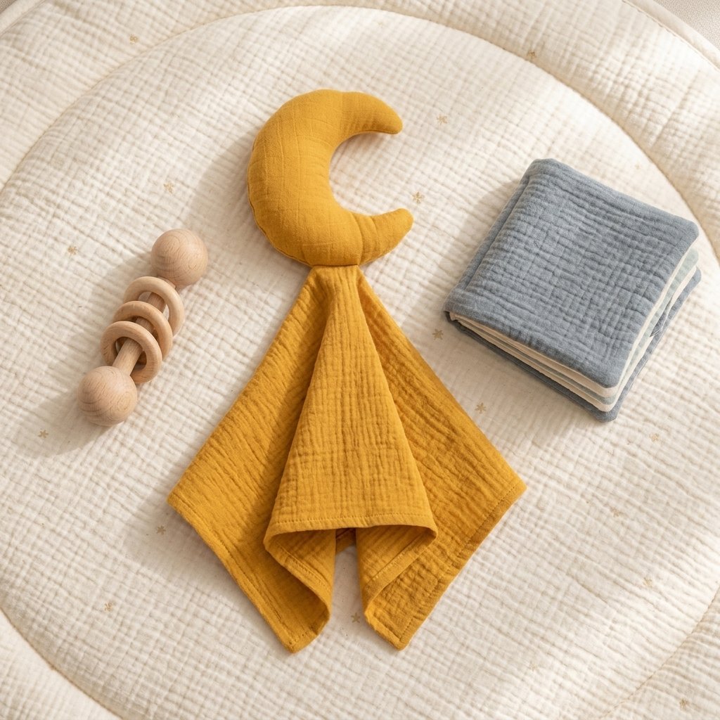 Doudou lune sur un tapis de jeu