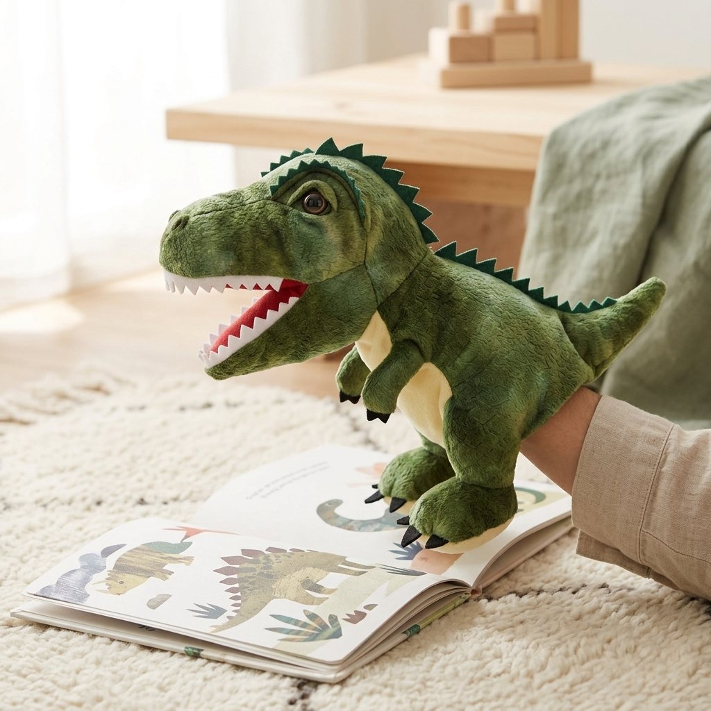 Marionnette tyrannosaure au-dessus d'un album illustré Image