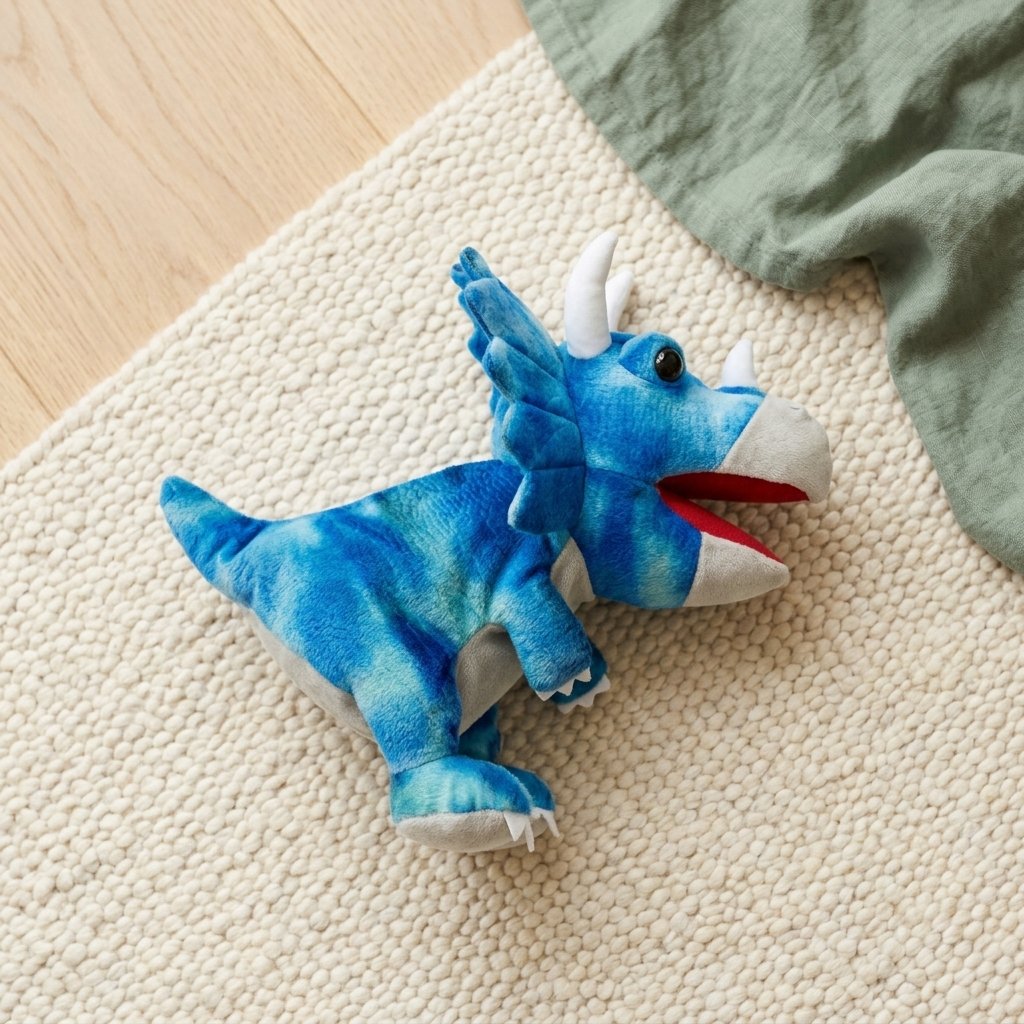 Marionnette tricératops posée sur un tapis