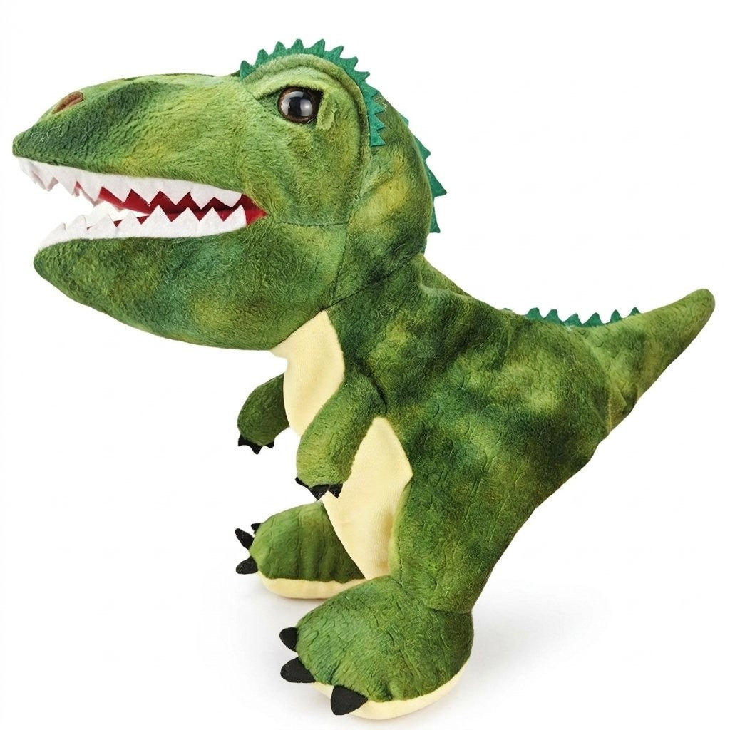 Marionnette à main tyrannosaure vert en peluche, gueule ouverte