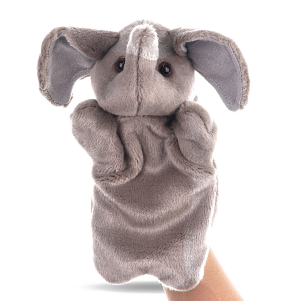 Marionnette à main éléphant gris en peluche enfilée sur une main