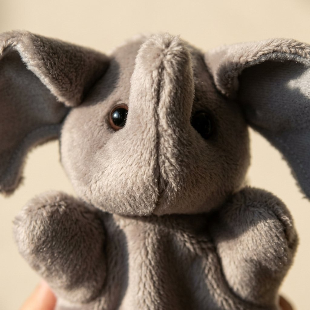 Détail de la tête de la marionnette éléphant gris