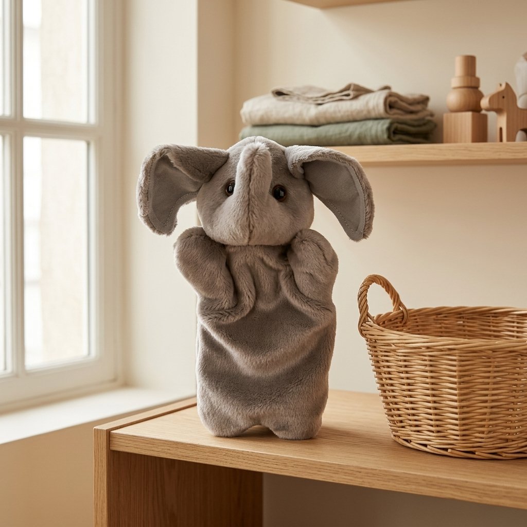 Marionnette éléphant gris sur une étagère