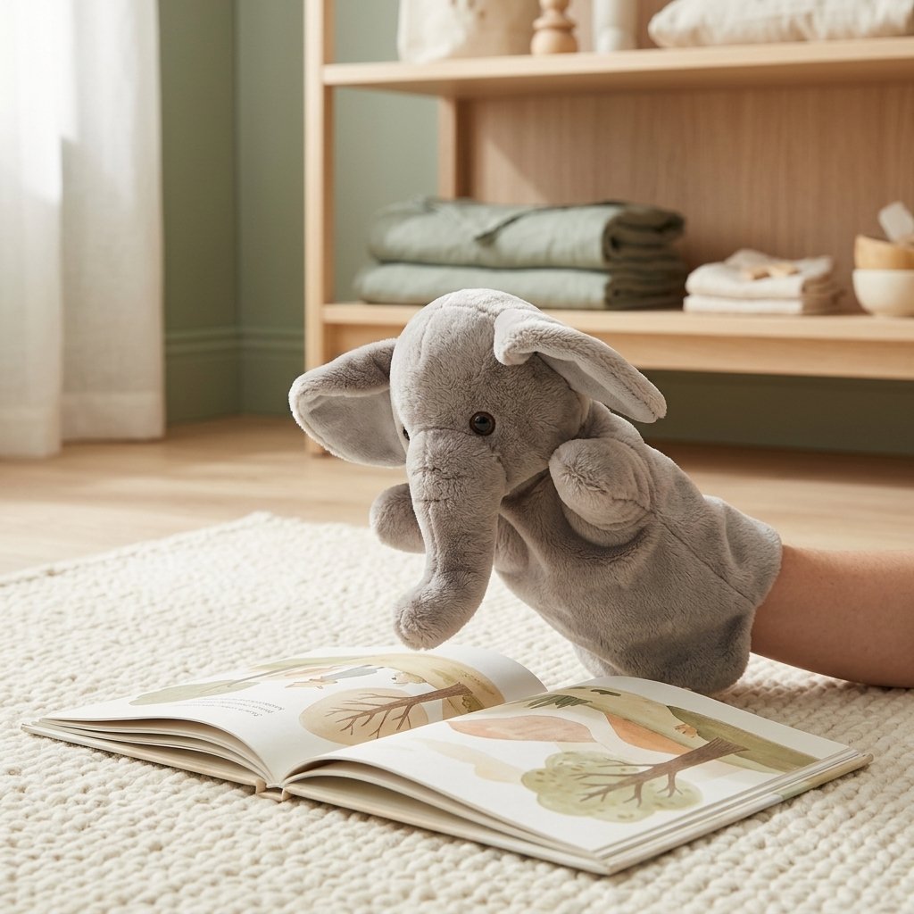 Marionnette éléphant gris penchée sur un album illustré Image