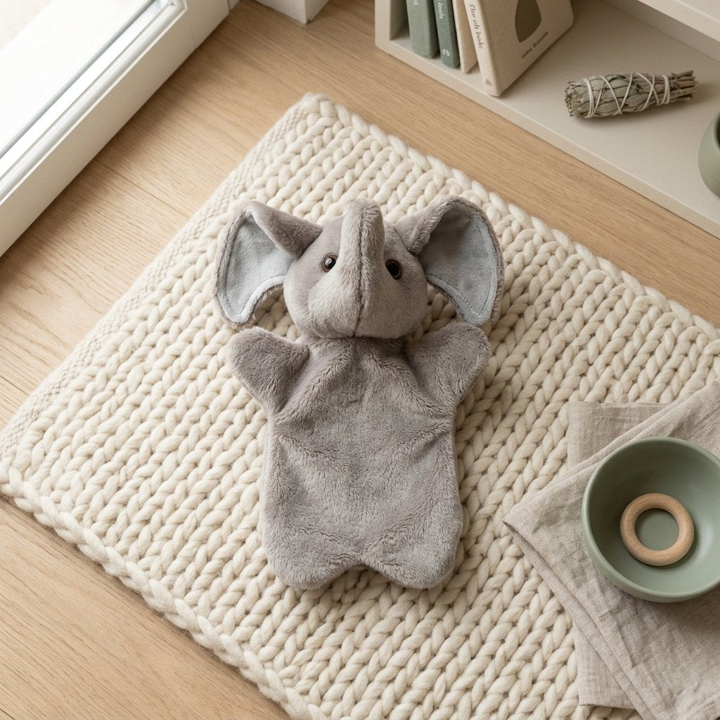 Marionnette éléphant gris posée à plat sur un tapis